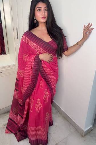 Pink hand block printed linen saree with stripe blouse