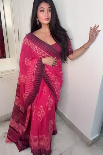 Pink hand block printed linen saree with stripe blouse