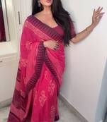 Pink hand block printed linen saree with stripe blouse