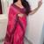 Pink hand block printed linen saree with stripe blouse
