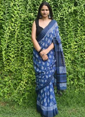 Blue hand block printed linen saree with stripe blouse 1