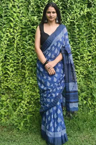 Blue hand block printed linen saree with stripe blouse