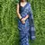 Blue hand block printed linen saree with stripe blouse