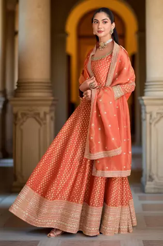 Orange color heavy glamorous ceremonial wear anarkali viscose shimmer dress