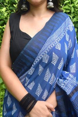 Blue hand block printed linen saree with stripe blouse 2