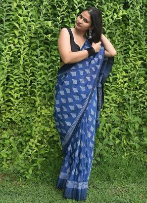 Blue hand block printed linen saree with stripe blouse 3