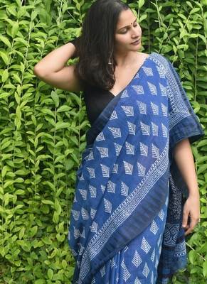 Blue hand block printed linen saree with stripe blouse 4