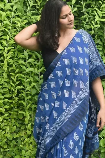 Blue hand block printed linen saree with stripe blouse