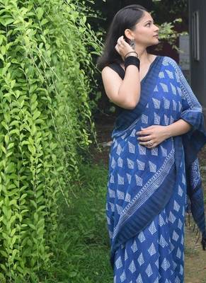 Blue hand block printed linen saree with stripe blouse 5