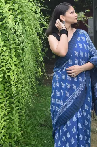 Blue hand block printed linen saree with stripe blouse