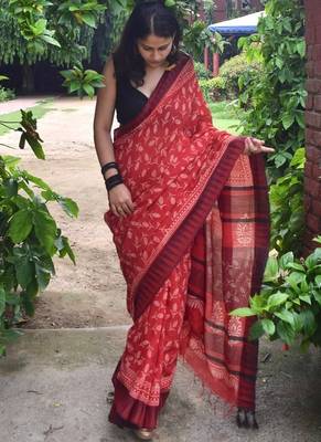 Red hand block printed linen saree with stripe blouse 1