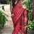 Red hand block printed linen saree with stripe blouse
