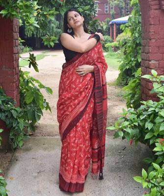 Red hand block printed linen saree with stripe blouse 2
