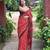 Red hand block printed linen saree with stripe blouse