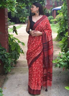 Red hand block printed linen saree with stripe blouse 3