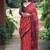 Red hand block printed linen saree with stripe blouse