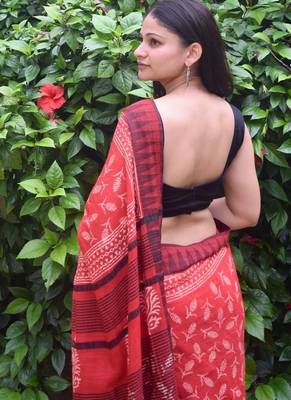 Red hand block printed linen saree with stripe blouse 4