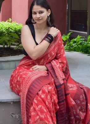 Red hand block printed linen saree with stripe blouse 5