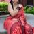 Red hand block printed linen saree with stripe blouse