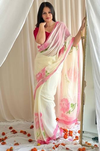 White handpainted floral chiffon saree with gota detailing