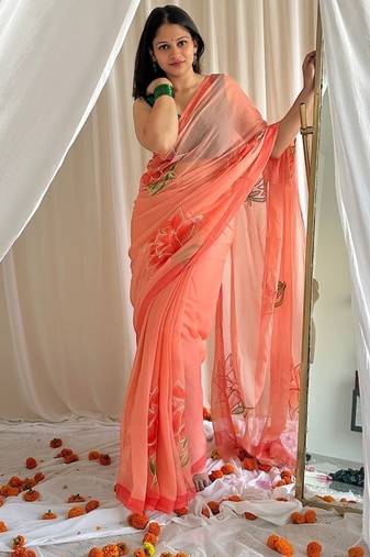 Peach handpainted floral chiffon saree with gota detailing