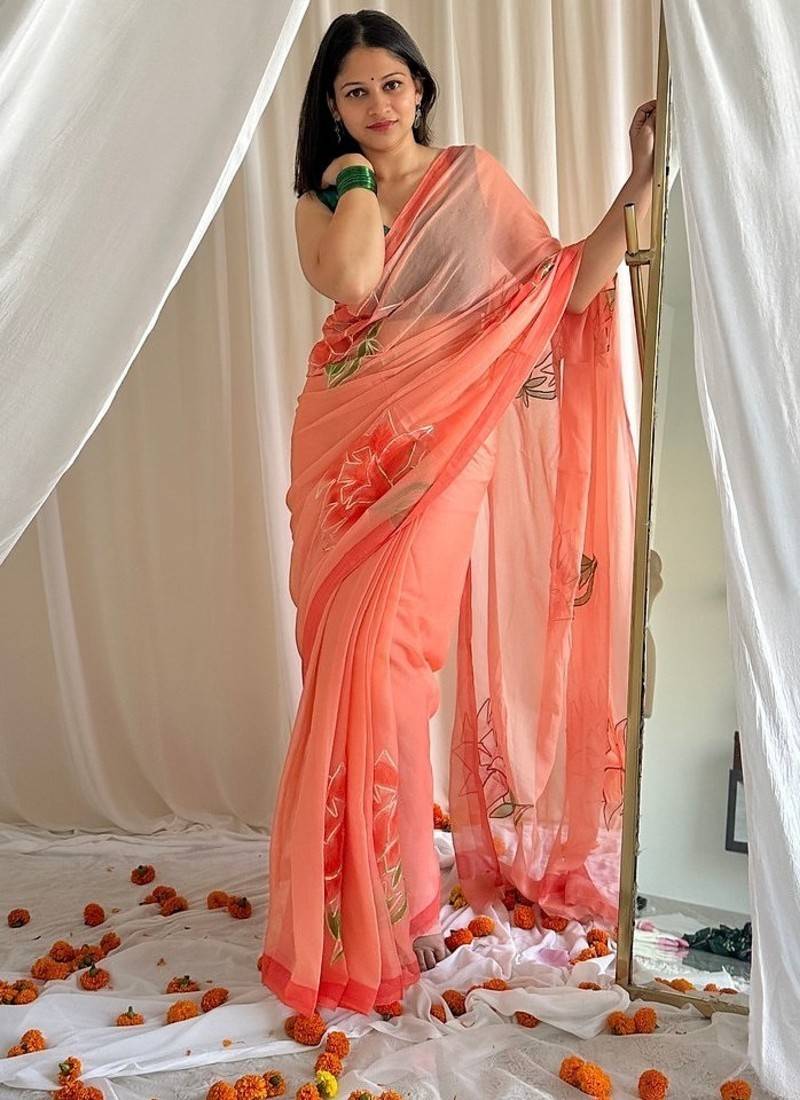 Peach handpainted floral chiffon saree with gota detailing