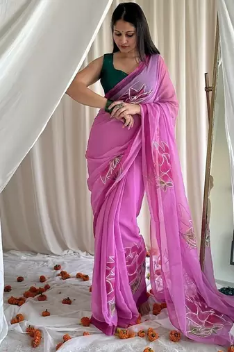 Purple handpainted floral chiffon saree with gota detailing