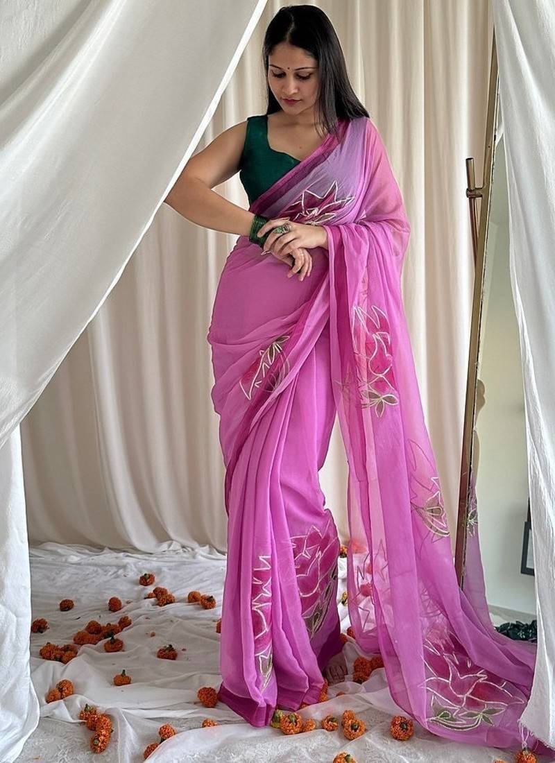 Purple handpainted floral chiffon saree with gota detailing