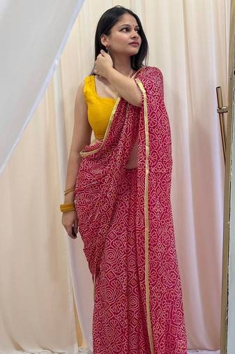 Red bandhej work chiffon saree