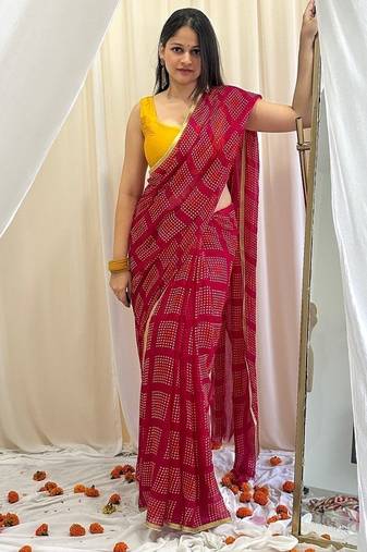 Red bandhej work chiffon saree