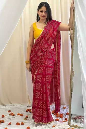 Red bandhej work chiffon saree