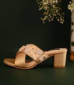 Gold criss cross strap block heels with schell and pearl handwork