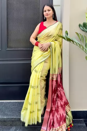 Lime ikkat handwoven cotton saree wth handmade tassels