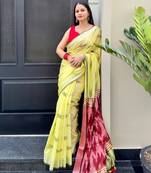 Lime ikkat handwoven cotton saree wth handmade tassels