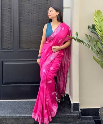 Pink ikkat handwoven cotton saree wth handmade tassels 1