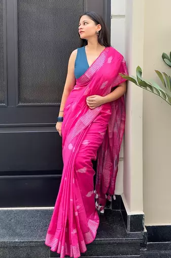 Pink ikkat handwoven cotton saree wth handmade tassels