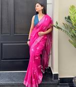 Pink ikkat handwoven cotton saree wth handmade tassels