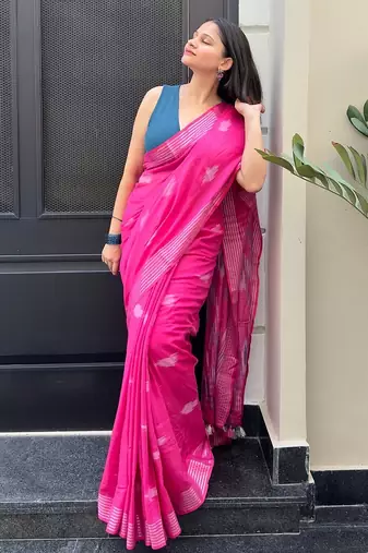 Pink ikkat handwoven cotton saree wth handmade tassels