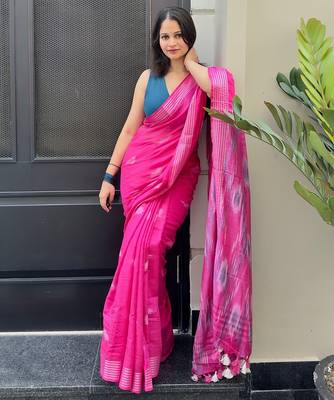 Pink ikkat handwoven cotton saree wth handmade tassels 3