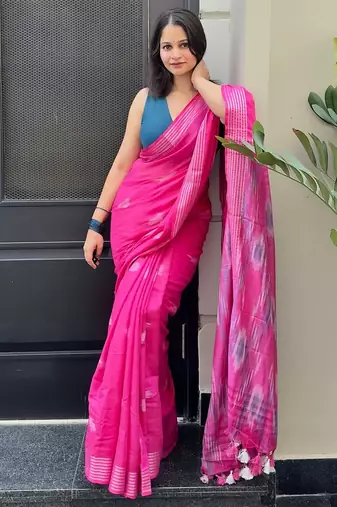 Pink ikkat handwoven cotton saree wth handmade tassels
