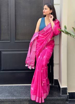 Pink ikkat handwoven cotton saree wth handmade tassels 4