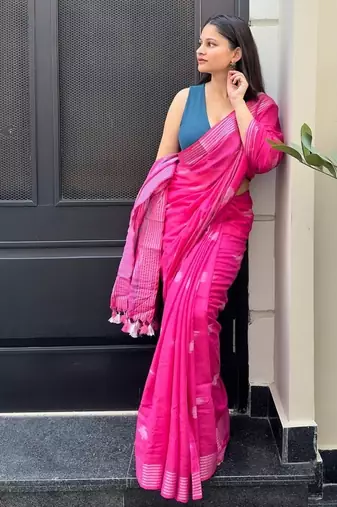 Pink ikkat handwoven cotton saree wth handmade tassels