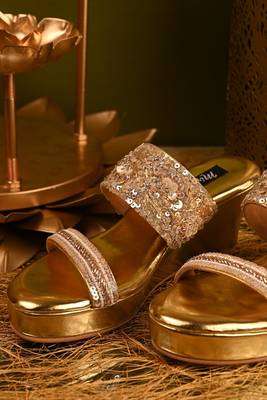 Gold dual strap handwork wedges 1