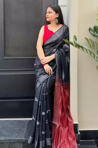 Black ikkat handwoven cotton saree wth handmade tassels