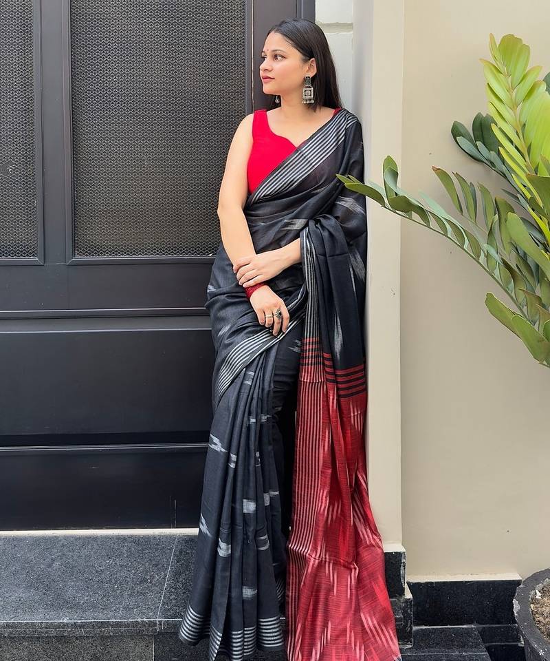 Black ikkat handwoven cotton saree wth handmade tassels
