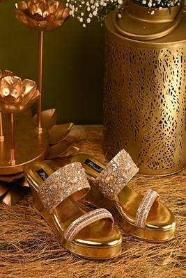 Gold dual strap handwork wedges 3