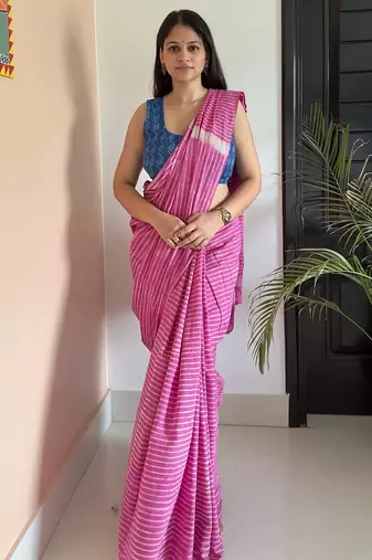 Pink hand block printed mul cotton saree with printed blouse