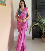 Pink hand block printed mul cotton saree with printed blouse