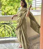 Green hand block printed mul cotton saree with printed blouse