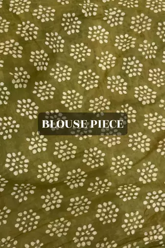 Green hand block printed mul cotton saree with printed blouse